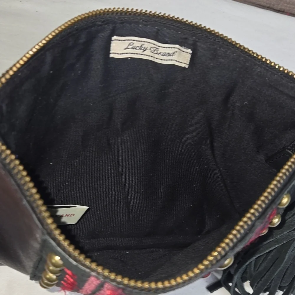 Lucky Brand Black and Red Embroidered Leather Clutch with Tassel
